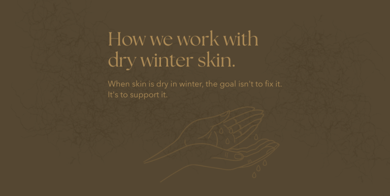 Gentle hands illustration on brown background with text about supporting dry winter skin naturally - skincare tips from Juniper Apothecary