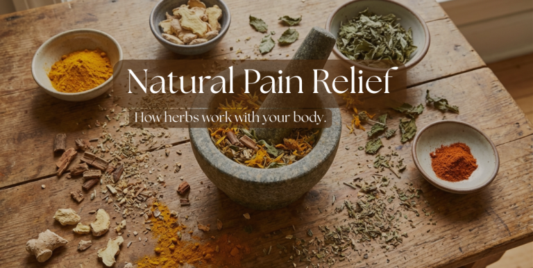 Herbal pain relief ingredients in mortar and pestle - turmeric, ginger, cayenne, arnica and dried herbs for natural anti-inflammatory support