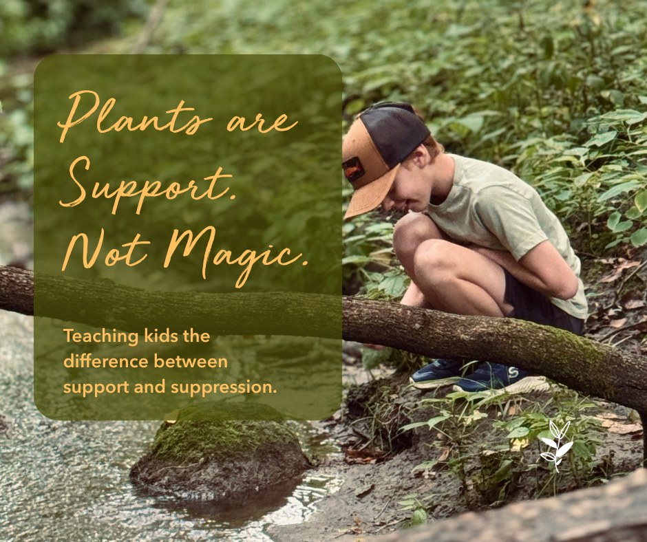 A young boy crouches near a stream, focused on nature, with a message about the importance of understanding plants as support, not magic.