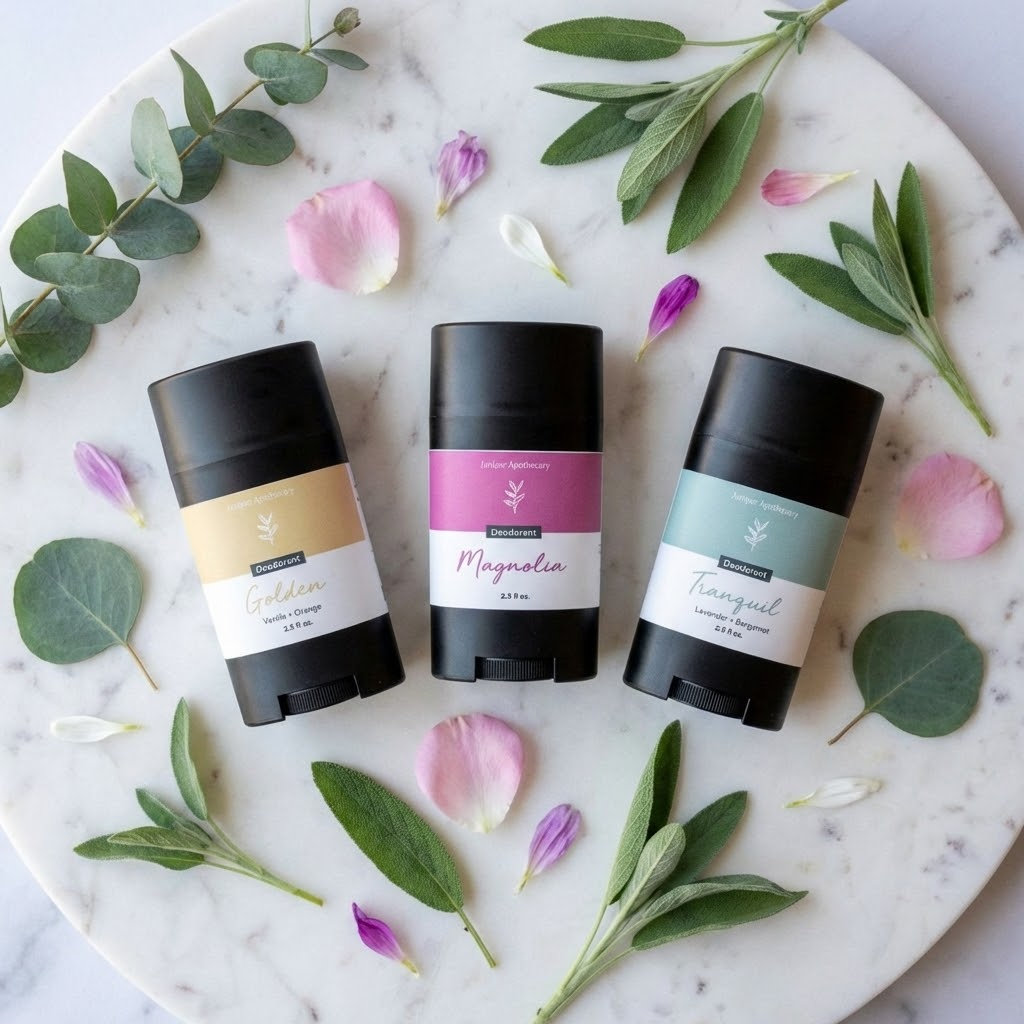 Three Juniper Apothecary natural deodorant sticks in Golden, Magnolia, and Tranquil scents arranged on a marble surface with fresh sage, eucalyptus, and flower petals