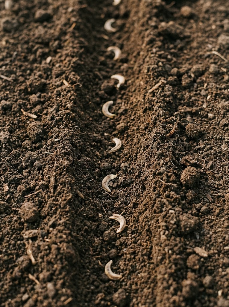 Curved Calendula seeds sown in rows in dark garden soil, close up overhead view of direct seeding Calendula officinalis in a garden bed