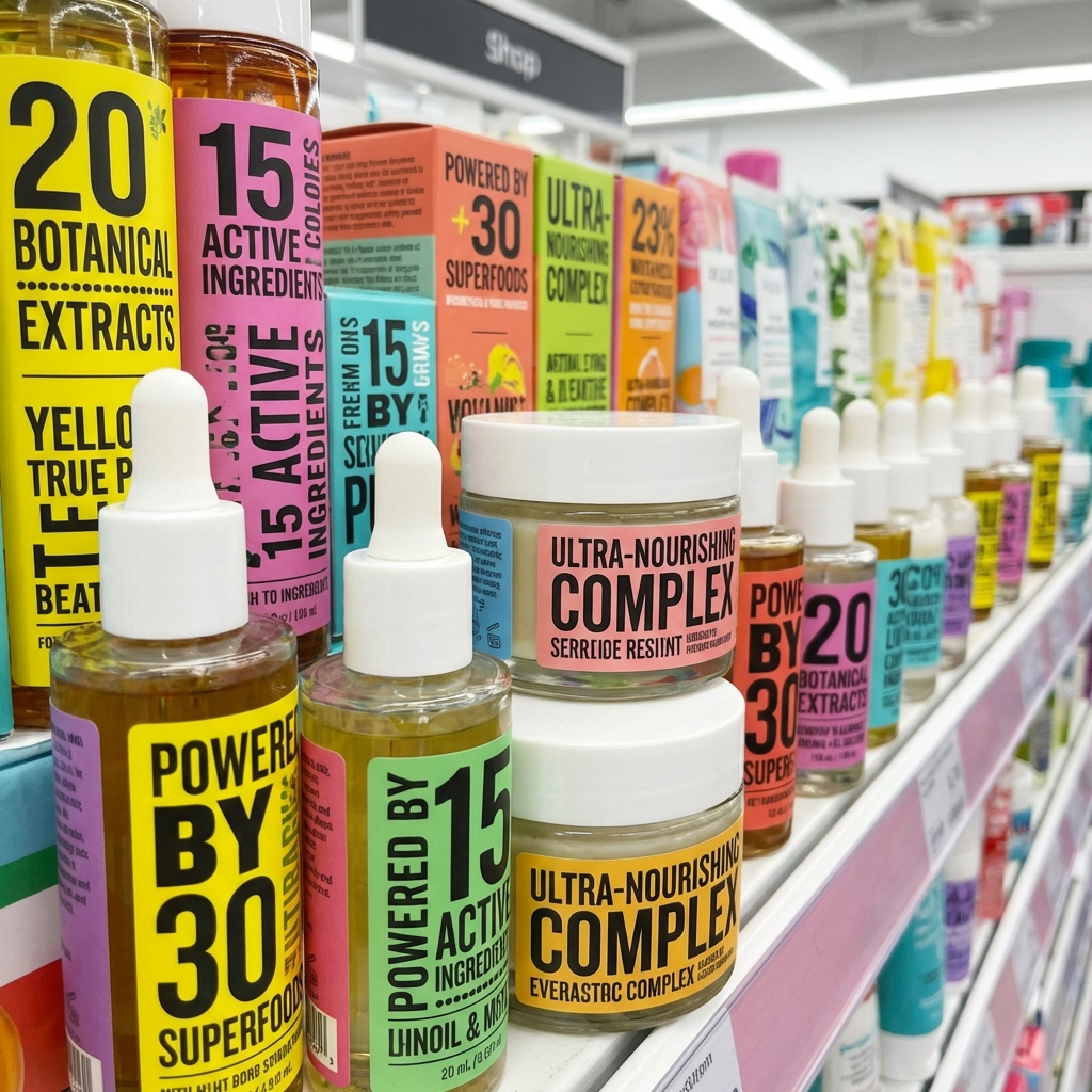 Various skincare products displayed on shelves, featuring vibrant labels with claims about botanical extracts, active ingredients, and superfoods.