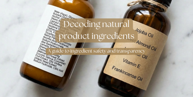 Decoding natural skincare ingredients - comparing complex conventional product label to simple clean beauty ingredient list on amber bottles