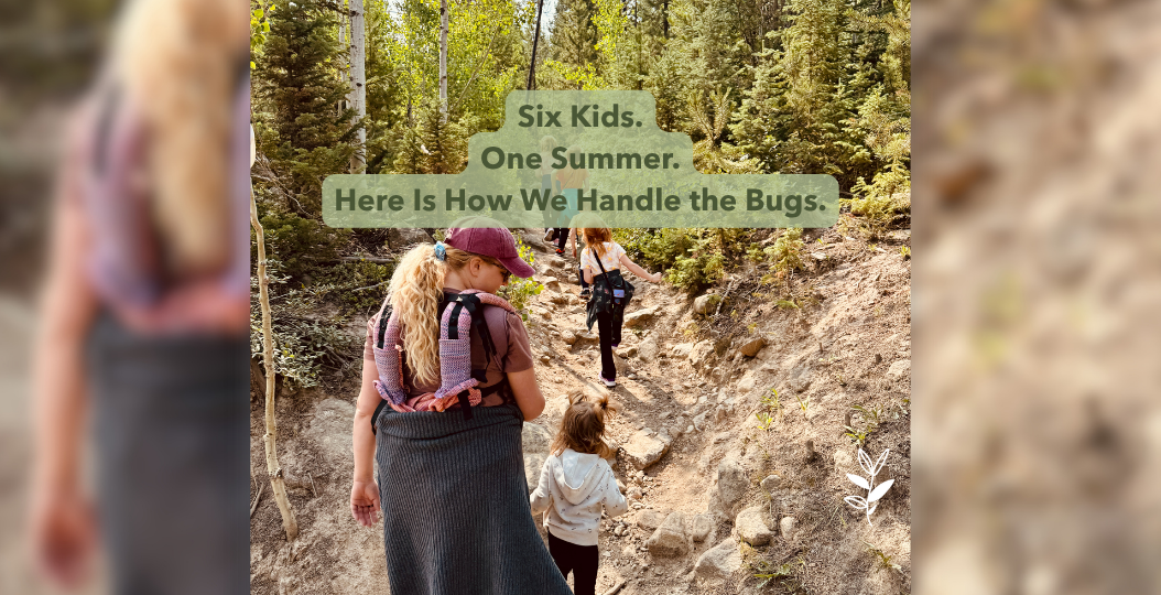 Mother with baby on back and children hiking a rocky mountain trail through pine and aspen forest, hero image for Juniper Apothecary's guide to natural bug prevention for families