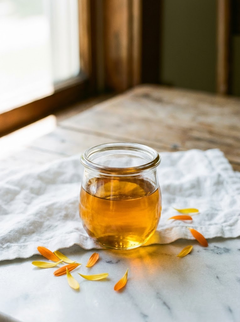Glass jar of golden Calendula infused oil surrounded by loose yellow and orange Calendula petals on a marble surface, bright natural window light, for use in herbal skincare and DIY salve recipes