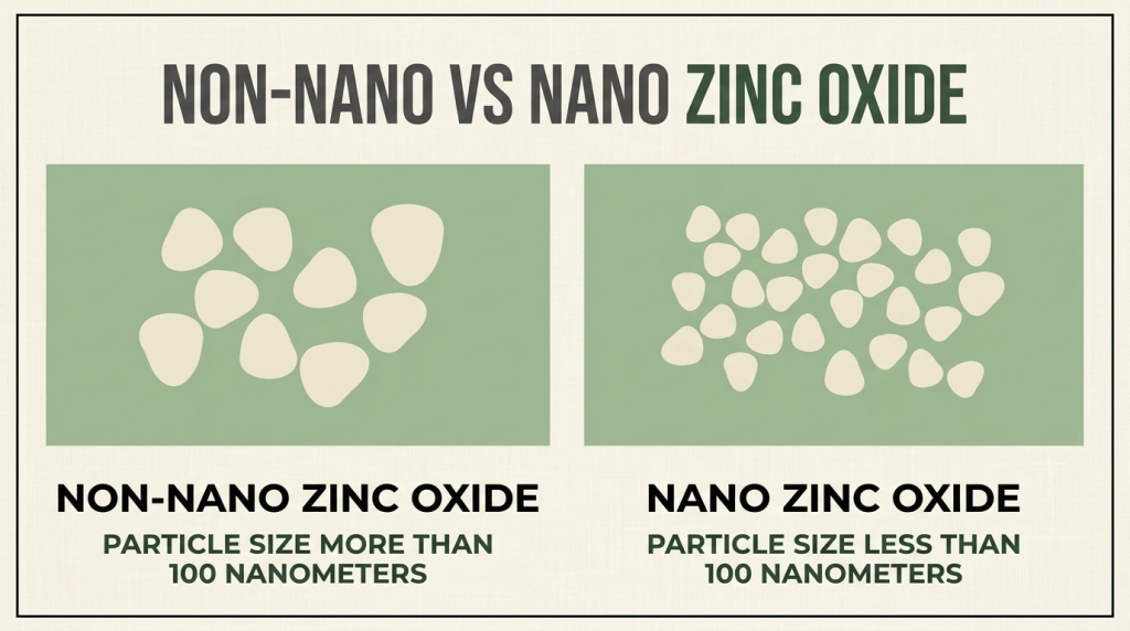 Infographic comparing non-nano zinc oxide versus nano zinc oxide particle sizes, showing larger particles above 100 nanometers in non-nano versus smaller particles below 100 nanometers in nano, illustrating why non-nano zinc oxide does not absorb into skin for safer mineral sun protection
