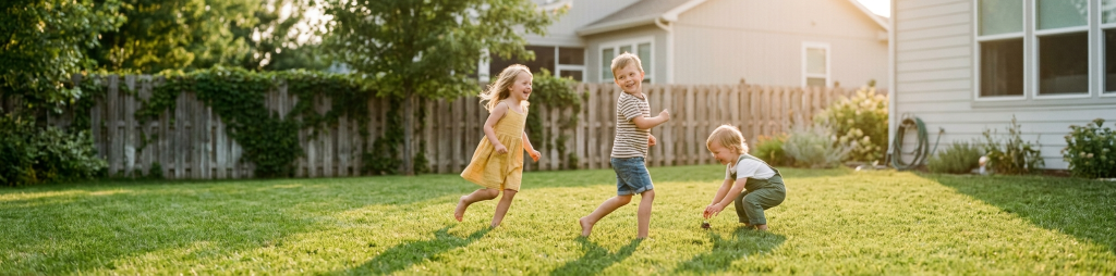 Young children playing and running barefoot in a green backyard lawn at golden hour sunset, joyful summer outdoor play, illustrating natural bug prevention tips for families from Juniper Apothecary