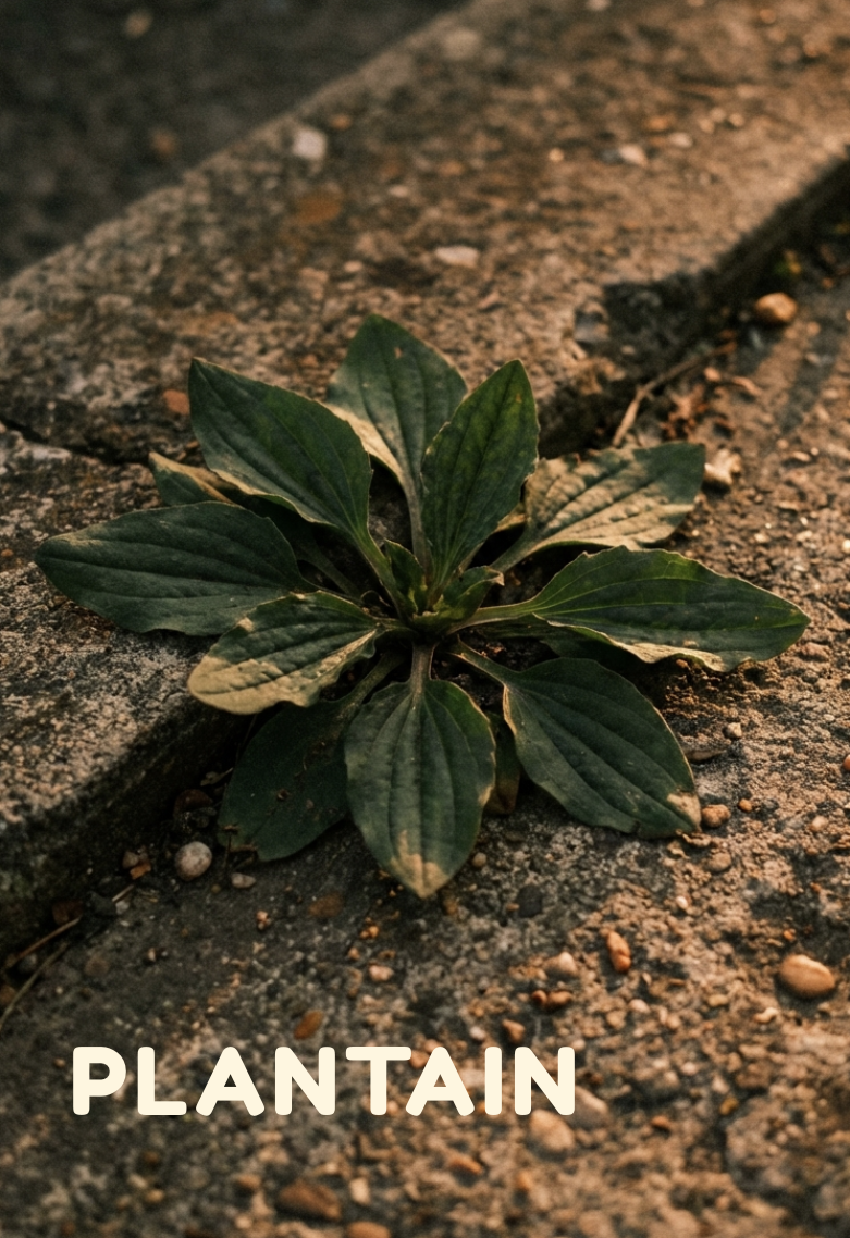 A close-up of a plantain plant growing between stones on a pathway.